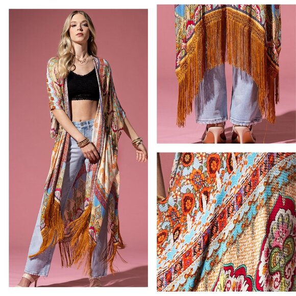Ruggine Other - Detailed Floral & Demask Print Kimono on Jacquard Fabric w Golden Fringe Tassels